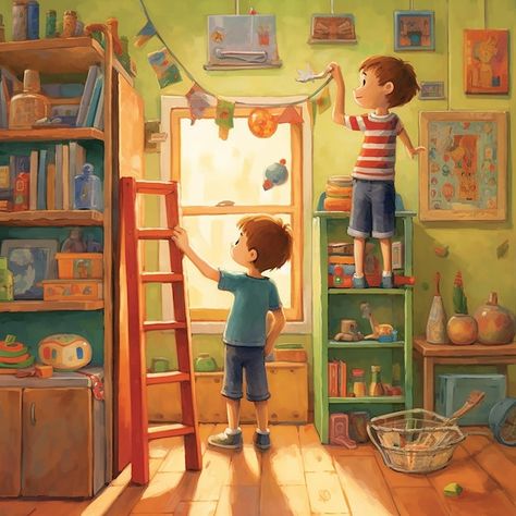 Book illustration of two children decorating a colorful room Bedroom Illustration, Colorful Room, Story Books Illustrations, Picture Books Illustration, Book Illustration Art, Children Book, Animation Reference, Procreate Brushes, 영감을 주는 캐릭터