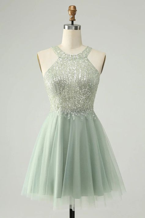 Amzcw Dusty Green A Line Halter Short Homecoming Dress with Sequins Vintage Dresses 1920's, A Line Homecoming Dress, Orange Homecoming Dresses, Purple Homecoming Dress, Burgundy Homecoming Dresses, Homecoming Dress Short, Boho Wedding Gowns, Tulle Party Dress, Lovely Partner