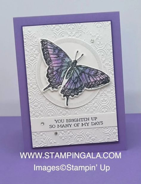 Thank you card created by Julie Gilson using the Sketched Butterflies Bundle and Stampin' Blends Markers. Sketched Butterflies, Scrapbook Club, Butterfly Sketch, Birthday Crafts, Creative Corner, Butterfly Cards, Fun Fold Cards, Purple Butterfly, Butterfly Design