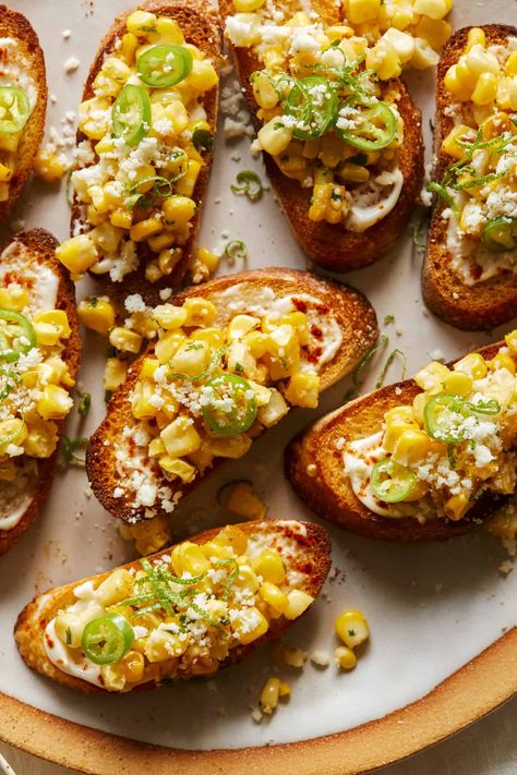 Elote Bruschetta | Spoon Fork Bacon Spoon Fork Bacon, Wedding Appetizers, Corn Cakes, Summer Appetizer, Entertaining Recipes, Spoon Fork, Small Bites, Empanadas, Bruschetta