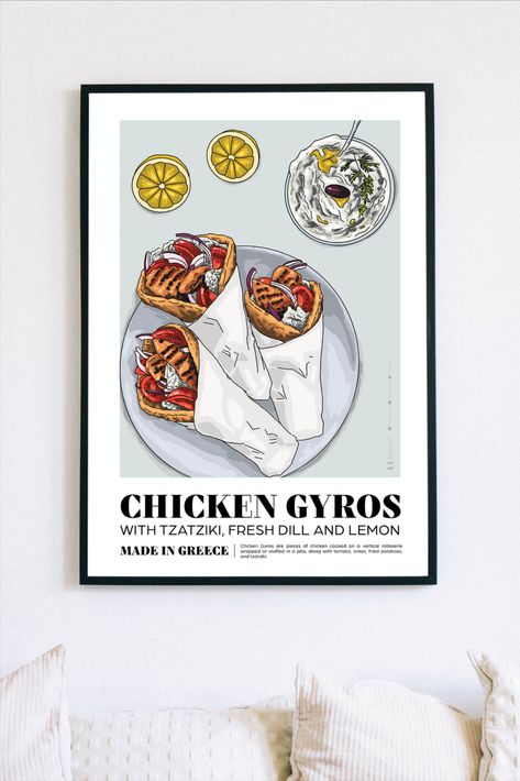 Greek Poster | Greece Poster | Gyro Print | Greek Food | Greece Wall Art | Greece Print Need a splash of color in your kitchen, dining, or restaurant? Need a fun unique gift for a gyro lover? This Gyro Art Print is exactly what you are looking for! Greek Banner, Greek Poster, Food Signage, Greece Poster, Greece Print, Greece Wall Art, Eat Greek, Restaurant Poster, Decor Illustration