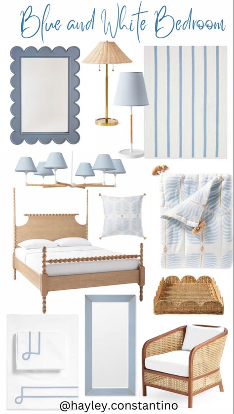 Blue and White Coastal Bedroom Teenage Coastal Bedroom, Dreamy Coastal Bedroom, Hamptons Aesthetic Decor, Coastal Feminine Bedroom, Blue Coastal Bedding, Coastal Granddaughter Home Decor, Costal Grandmother Aesthic Room, Blue Coastal Bedroom Ideas, Nantucket Aesthetic Bedroom