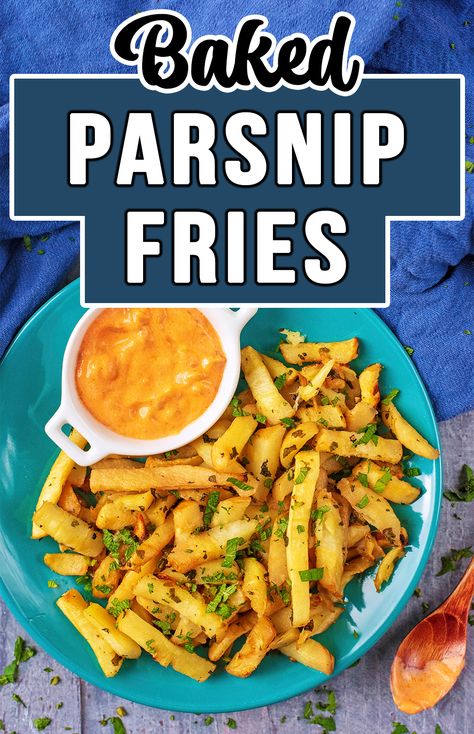 A plate of baked parsnip fries with a text overlay title. Parsnip Recipes, Parsnip Fries, Vegan Slow Cooker Recipes, Vegetarian Slow Cooker Recipes, Parsnip Soup, Vegan Slow Cooker, Healthy Potato Recipes, Vegetarian Soup Recipes, Slow Cooker Vegetarian