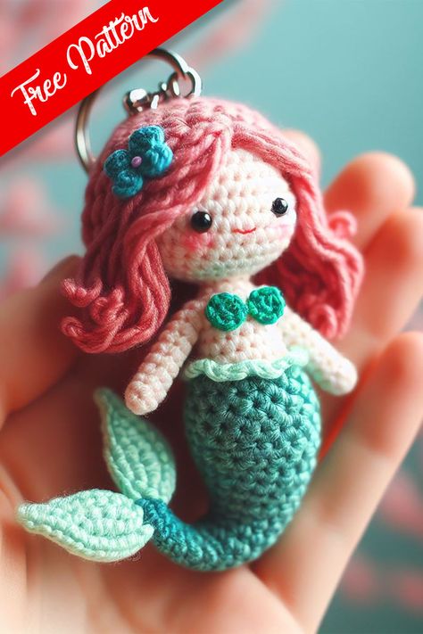 Crochet Mermaid Keychain Mermaid Crochet Pattern Free, Mermaid Keychain, Soft Pink Background, Mermaid Crochet Pattern, Mermaid Crochet, Keychain Amigurumi, Crochet Keychains, Disney Crochet Patterns, Crochet Mermaid Tail