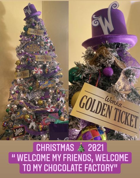 I recently introduced the boys to one of my favorite childhood movies and they fell in love with it… so it was only right we made it our tree theme this year. 🍭 💜🎄 🍫 #Christmas2021 “Welcome my friends, welcome to my chocolate factory.” 😊 Cool Christmas Trees Themes, Movie Theme Christmas Tree, Willy Wonka Tree, Willy Wonka Christmas Tree, Wonka Christmas Tree, Daycare Tree, Movie Themed Christmas Tree, Christmas Tree Decorating Contest, Fun Christmas Tree Ideas