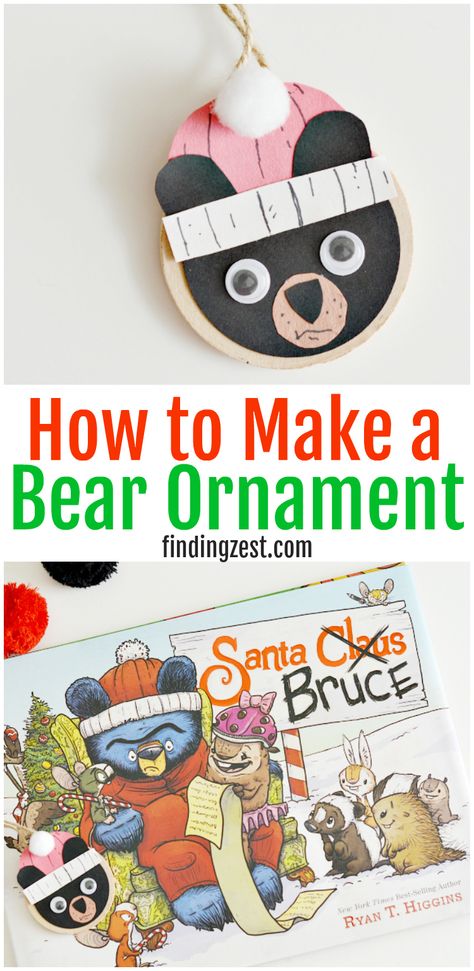 Get step by step instructions to make this fun black bear ornament craft inspired by the Disney Book Group children's book Santa Bruce by Ryan T. Higgins. This is a great Christmas craft for kids or adults who love bears or are fans of Bruce! (AD) #SantaBruceBook #Christmas #ChristmasCraft #ornament #bears Bruce The Bear Crafts, Book Character Ornaments Diy, Storybook Crafts, Ornaments Diy Kids, Christmas Picture Books, Disney Books, Bear Crafts, Christmas Activities For Kids, Kids Ornaments