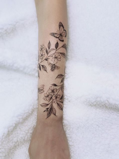 Flowers And Butterflies Tattoos, Forearm Tattoo Women Inner, Feminist Tattoos, Arm Wrap Tattoo, Feminine Shoulder Tattoos, Wrap Around Wrist Tattoos, Ink Tattoo Design, Red Tattoo Ideas, Red Ink Tattoo