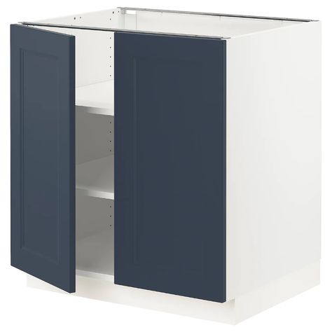 IKEA - SEKTION, Base cabinet with shelves/2 doors, white Axstad/matte blue, Sturdy frame construction, ¾" thick. You can customize spacing as needed, because the shelves are adjustable. Snap-on hinges can be mounted onto the door without screws, and you can easily remove the door for cleaning. Cabinet With Shelves, Ikea Website, Kitchen System, Plastic Foil, Plastic Edging, Base Cabinet, Ikea Family, Basement Renovations, 2 Doors