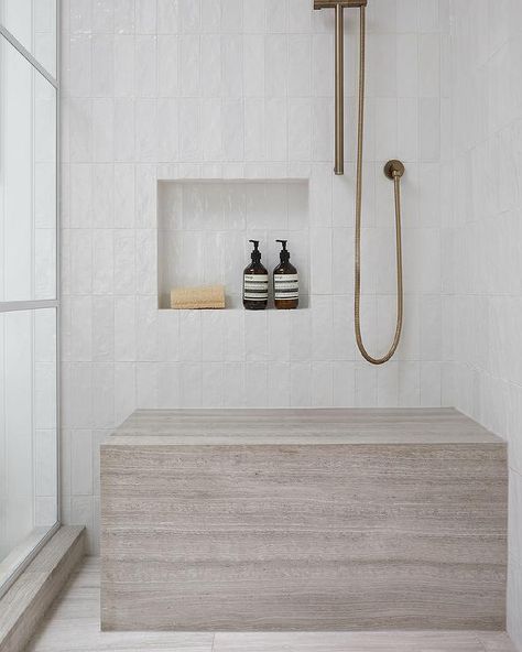 Walk In Shower with Gray Marble Slab Shower Bench - Modern - Bathroom Stone Shower Floor, Shiplap Bathroom Wall, Bronze Shower Head, Clear Shower Door, Grey Marble Floor, Marble Shower Walls, Blue Shower Tile, Collective Studio, Frameless Glass Doors