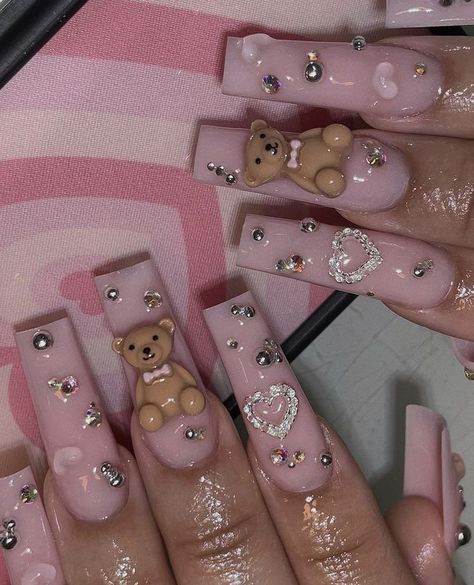 Nails With Teddy Bear Charms, Teddy Bear Nails, Bear Nails, Baby Shower Nails, Lux Nails, Bears Nails, Cute Acrylic Nail Designs, Really Cute Nails, Crazy Nails