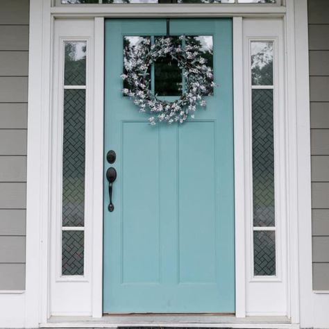 Front Door Colors With Black Trim, Aqua Front Doors, Teal Front Doors, Teal Door, Pretty Porches, Exterior Door Colors, Siding Ideas, Door Colour, Turquoise Door