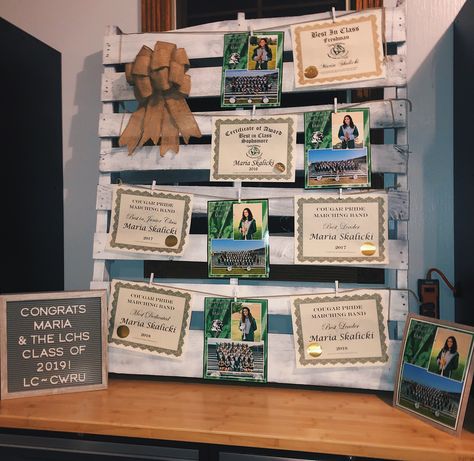 Rustic pallet for graduation party. Includes photos and awards from high school years. Super simple and easy to do! Award Wall, Graduation Photo Displays, Grad Party Theme, Senior Graduation Party, Award Display, High School Years, Senior Graduation, Graduation Photo, Photo Display