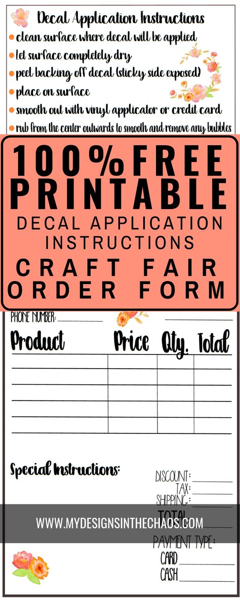 Decal Application Instructions Printable - My Designs In the Chaos  Check out 5 simple tips to be super successful when selling your vinyl decals from your Silhouette or Cricut.  Also download a free printable decal application instruction card.  It is the perfect thing to add that special touch in your orders. #silhouettecameo #bosslady #momboss #cricutmaker #cricutexploreair2 #vinyldecal #freeprintable #craftfair Decal Application Instructions, Vinyl Tree Wall Decal, Decal Business, Vinyl Business, Circuit Maker, Cricut Patterns, Diy Vinyl Projects, Rose Template, Cricut Hacks