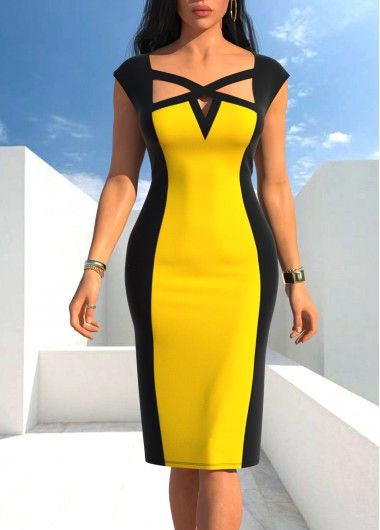 Color:Ginger;Size:L;Size:M;Size:XXL;Size:S;Size:XL;Season:Summer;Washing Instructions:Hand Wash /Machine Washable;Occasion:Party;Silhouette:Sheath;Pattern Type:Patchwork;Package Contents:1 X Dress;Composition:95% Polyester, 5% Spandex;Decoration:Cross Strap & Criss Cross Back;Sleeve's Length:Sleeveless;Neckline:Asymmetrical Neck;Color Scheme:Yellow;Dress Length:Knee Length;Style:Elegant; Criss Cross Neckline Dress, Cross Neckline Dress, Party Silhouette, Summer Silhouette, Classy Short Dresses, Classy Skirts, Ginger Dress, Latest Dress For Women, Cato Fashion