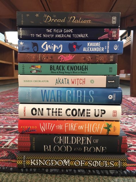 Dread Nation by Justina Ireland  The Field Guide to the North American Teenager by Ben Philippe  Swing by Kwame Alexander & Mary Rand Hess  Pride by Ibi Zoboi  Black Enough: Stories of Being Young and Black in America edited by Ibi Zoboi  Akata Witch by Nnedi Okorafor  War Girls by Tochi Onyebuchi  On the Come Up by Angie Thomas  With the Fire on High by Elizabeth Acevedo  Children of Blood and Bone by Tomi Adeyemi  Kingdom of Soulds by Rena Barron Angie Thomas Books, With The Fire On High, Dread Nation, Tomi Adeyemi, Nnedi Okorafor, Kwame Alexander, Children Of Blood And Bone, Elizabeth Acevedo, American Teenager