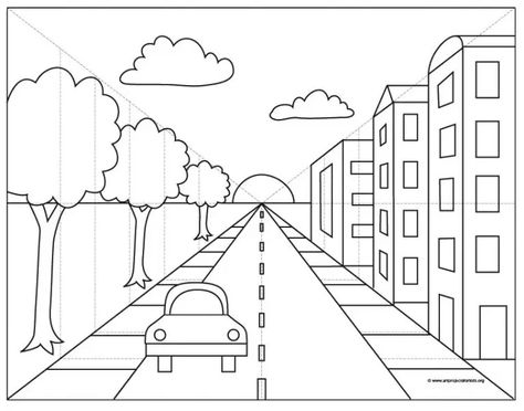 Draw A City, Perspective Tutorial, 1 Point Perspective Drawing, One Point Perspective Drawing, Perspective City, Perspective Lessons, معرض فني, Gambar Lanskap, Perspective Drawing Lessons