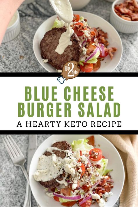 Here is a delicious mashup of a blue cheese burger and wedge salad. This keto dinner idea tastes like a blue cheese burger, without the bun. Add this to your summer dinner recipes list! Burger Keto Recipes, Low Carb Blue Cheese Recipes, Keto Bleu Cheese Recipes, Cheeseburger Salad Keto, Blue Cheese Burger, Lettuce Wedge Salad Recipes Blue Cheese Dressing, Stuffed Blue Cheese Burgers, Blue Cheese Burgers Recipes, Bacon Blue Cheese Burger