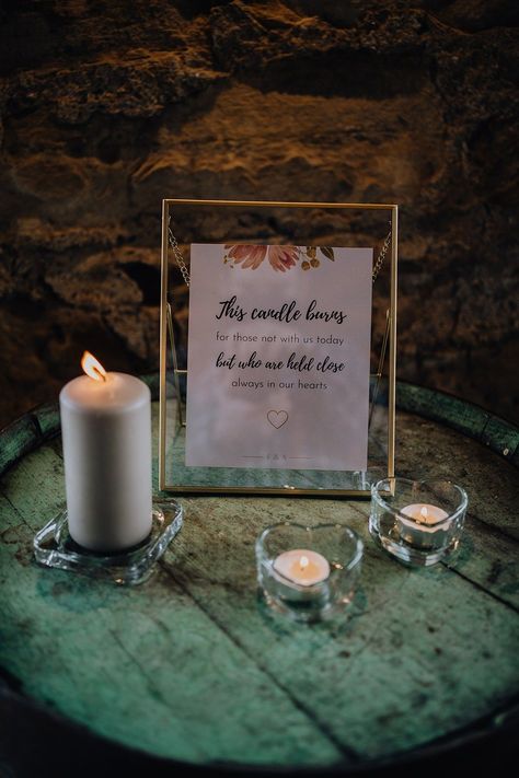 Memory Table Candle Falside Mill Wedding Martin Venherm Photography #wedding #memorytable Wedding Memory Table Ideas, Memory Table Ideas, Wedding Memory Table, Blush And Grey Wedding, Memory Table Wedding, Wedding Remembrance, Romantic Autumn, Table Candle, Wedding Memory