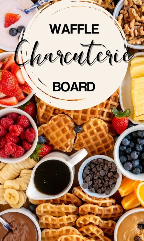 Belgian Waffle Bar Ideas, Waffle Grazing Board, Waffle Bar Charcuterie Board, Mini Waffle Charcuterie Board, Waffle Station Ideas Food Bars, Pancake And Waffle Charcuterie Board, Brunch Snack Board, Waffle Brunch Board, Waffle Breakfast Board