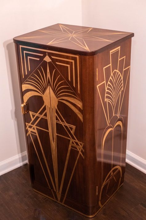 AVAILABLE Hand Painted Art Deco Bar Cabinet | Etsy Art Deco Bars, Art Deco Furniture 1920s, Art Deco Shelves, Art Deco Apartment Decor, Prohibition Style, Boho Style Interior Design, Art Deco Bar Cabinet, Art Deco Chairs, Speakeasy Decor