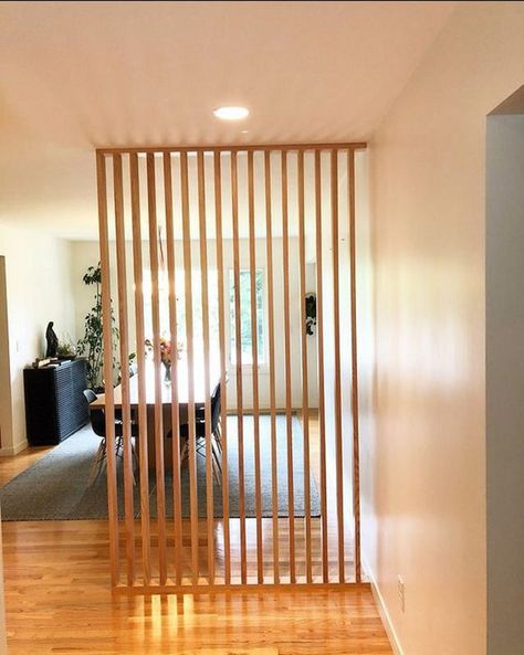 Wood Slats Room Divider, Wood Panel Walls Living Room, Wooden Panel Wall, Wall Separator, Modern Partition, Modern Partition Walls, Wood Partition, Frog House, Wall Partition