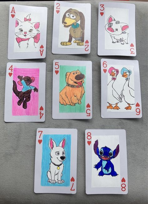 Custom Playing Cards Diy, Painting Cards Deck Disney, Disney Playing Cards, Painting A Deck Of Cards, Painted Deck Of Cards, Painting Playing Cards Ideas, Painted Playing Cards, Deck Painting, Friends Activity