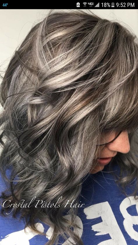 Blend Grey Into Brown Hair, Best Grey Coverage For Dark Hair, Grey On Dark Hair, Grey Blending Highlights Dark Brown Short Hair, Gray Hair Highlights Silver Ash Blonde, Light Brown Hair With Grey Highlights, Brown Hair Grey Highlights, Grey Streaks In Brown Hair, Dark Brown Hair With Ash Highlights