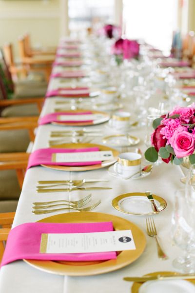 Gold and bright pink place settings make this wedding table pop: http://www.stylemepretty.com/2014/10/31/pink-and-gold-wedding-in-port-ludlow/ | Photography: Nikki Closser - http://www.nikkiclosser.com/ Peach Bridal Showers, Wedding Table Pink, Gold Place Setting, Gold Reception, Pink Wedding Centerpieces, Gold Inspiration, Hot Pink Weddings, Pink Wedding Theme, Pink And Gold Wedding