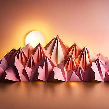 "Origami Art - Summit Silhouettes: Majestic Mountains Bathed in Sunset Glow" Laptop Sleeve for Sale by ArtfulFolds | Redbubble Origami Mountain, Dusk Painting, Paper Bunny, Twilight Sky, Sunset Glow, 3d Landscape, Majestic Mountains, Origami Crafts Diy, Golden Glow