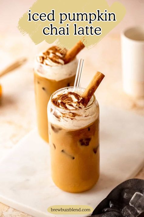 This easy recipe for an iced pumpkin chai latte will have you skipping the line at the coffee shop. It's the perfect combination of chai tea, pumpkin spice and cream - yum! Pumpkin Chai Latte Starbucks, Iced Chai Tea Latte Recipe, Iced Chai Recipe, Chai Latte Starbucks, Pumpkin Chai Latte, Pumpkin Chai Tea, Chai Tea Latte Recipe, Starbucks Fall Drinks, Iced Chai Tea Latte