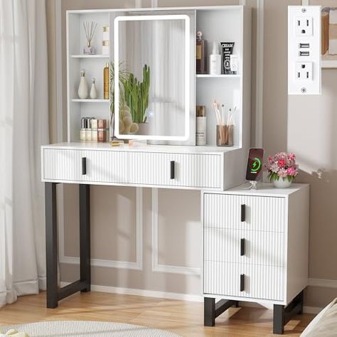 Modern Dressing Table, Shelves Bedroom, Vanity Desk With Mirror, Desk With Mirror, Makeup Vanity Desk, Sliding Mirror, Mirrored Vanity Desk, Vanity Benches, Desk Mirror