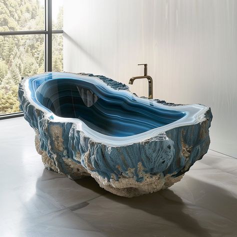 Indulge in luxury with the Geotub: a stunning bathtub crafted from a single geode, blending nature's beauty with modern comfort. Sink into relaxation as the softly glowing crystals and vibrant hues envelop you in tranquility. Conceptual AI Art Follow @ecosapiens for more! Natural Bathtub, Crystal Bathtub, Crystal Sink, Geode Bathtub, Extravagant Bathtubs, Blue Bathtub, Luxury Natural Stone Geodes For Healing, Luxury Handmade Spiritual Geodes, Large Geode