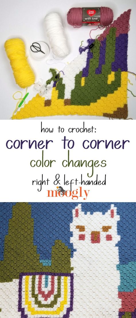 Get the best methods and tips for changing colors in Corner to Corner or C2C crochet on Moogly, in both right and left-handed video tutorials! Make any image with ease with these special techniques!  #crochet #cornertocorner #c2c #mooglyblog #graphgans #pixel #yarnspirations #redheartyarns Crochet Corner To Corner, Diy Granny Square, Change Colors In Crochet, Left Handed Crochet, Crochet C2c Pattern, C2c Crochet Pattern Free, C2c Crochet Blanket, Corner Crochet, Corner To Corner Crochet