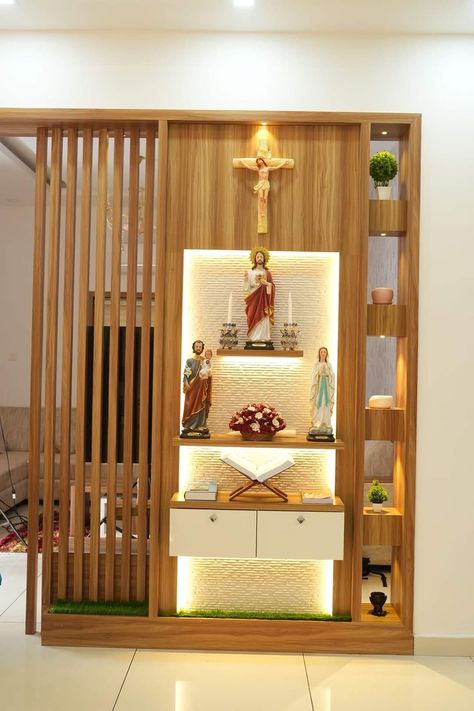 Wall Altar Ideas Catholic, Christian Room Decor, Home Altar Catholic, Prayer Room Ideas, Altar Design, Catholic Decor, Temple Design For Home, Home Hall Design, Pooja Room Door Design