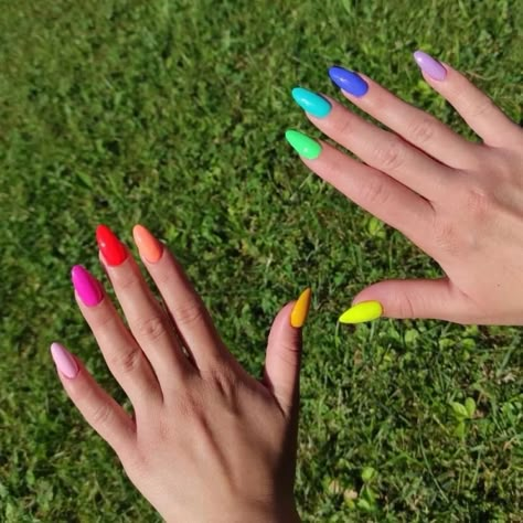 A photo of two hands with nails painted in multiple bright colors. Matte Rainbow Nails, Bright Rainbow Nails, Subtle Rainbow Nails, Rainbow Pastel Nails, Summer Rainbow Nails, Gay Pride Nails, Pride Month Nails, Teacher Nails, Unicorn Nail Art