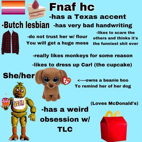 #chica #fnaf #headcannon Fnaf Kinnie Bingo, Chica Fanart Fnaf, Fnaf Headcannons, Chica Fnaf Fanart, Fnaf Headcanons, Character Headcanons, Golden Freddy, Fnaf 1, Fnaf Stuff