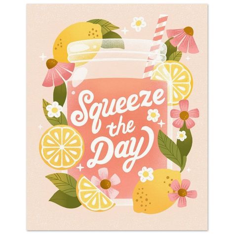 Squeeze the Day 8"10" print. Hand illustrated lettering, florals, and citrus motif. Our master's edition, off-white, archival museum-quality paper, is uncoated and the superior choice for art enthusiasts who appreciate world-class quality to enjoy artworks most luxuriously. Squeeze The Day, Colorful Art Prints, Retro Artwork, Hand Lettering Inspiration, Food Illustration Art, Summer Illustration, 500 Piece Puzzles, Whimsical Fashion, Summer Design