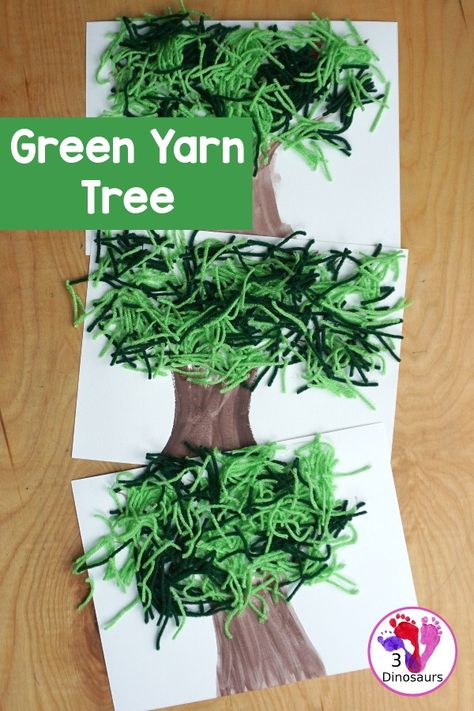 Green Yarn Tree Craft for Arbor Day - a fun mixed art with watercolor trunk ad a yarn green tree for kids to make - 3Dinosaurs.com Yarn Activity For Preschool, Green Day Activities For Kindergarten, Art With Watercolor, Green Activities, Homeschool Holidays, Dr Seuss Activities, Trees For Kids, 3 Dinosaurs, Yarn Trees