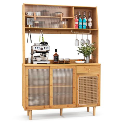 PRICES MAY VARY. [Plenty of Storage Space]: Our 69-inch cabinets provide you with extra large storage space, including 5 storage compartments with doors, 1 open shelf and 1 pull-out drawer. There are also 3 hooks and 1 wine glass holder for you to hang your glasses or spatulas. [Spacious Countertop]: This sideboard comes with a wide countertop, which is a great extension for your kitchen counter. You can prepare ingredients or place equipment on it, such as an oven, microwave, coffee maker, and Dining Room Cupboards, Free Standing Kitchen Cabinets, Organiser Cucina, Pantry Cupboard, Coffee Bars In Kitchen, Freestanding Kitchen, Tempered Glass Door, Wine Glass Holder, Buffet Cabinet