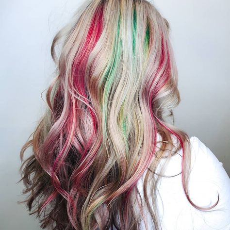 Green and red streaks | Wonder Forest | Holiday Hair Ideas | Christmas Hair Ideas | Cocktail Party Hairstyles | Holiday Hairstyles Cocktail Party Hairstyles, Hot Roller Curls, Holiday Hair Ideas, 2b Hair, Christmas Hair Ideas, Holiday Hair Color, Xmas Aesthetic, Wonder Forest, Roller Curls