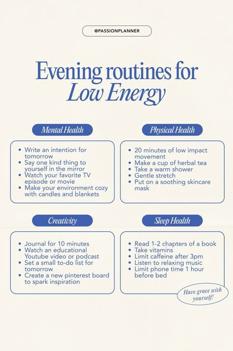 mental health, physical health, creativity, and sleep health evening routines for low energy Low Energy Days, Evening Routines, Self Care Bullet Journal, Get My Life Together, Evening Routine, Glow Up Tips, Choose One, Mental And Emotional Health, Low Energy