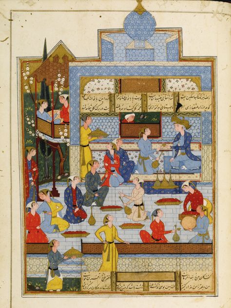 An Illustrated and Illuminated manuscript of Nizami's Haft Paykar ('Seven Princesses') and Layla wa Majnun, Persia, Safavid, probably Shiraz, circa 1590 Mughal Miniature Paintings, Persian Art Painting, Persian Miniature, Persian Motifs, Iranian Art, Islamic Paintings, Eastern Art, Islamic Art Calligraphy, Shiraz