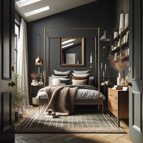 This dark, Mid-century bedroom features a four-poster bed with a brass headboard and luxurious pillows. An antique mirror adorns the dark grey wall behind the bed, reflecting starlight. A bedside unit holds poetry books and candles, while a heritage brass lamp illuminates the room. Skylight windows and delicate plants add a touch of elegance. A Berber carpet in moss and chestnut tones completes the look. Room Skylight, Books And Candles, Brass Headboard, Cozy Bedroom Aesthetic, Canopy Bedroom Sets, Bedside Units, Wood Canopy, Mid Century Bedroom, Dark Grey Walls