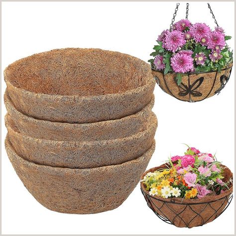 4 Pack 14 Inch Hanging Basket Coco Liners Replacement, 100% Natural Round Coconut Planter Liners, Patio Planters, Plastic Flower Pots, Basket Liners, Plant Basket, Coconut Palm, Coconut Fiber, Plastic Flowers, Hanging Basket