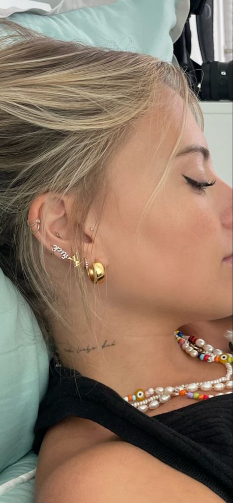 Jewellery Tattoos For Women, How Lucky Are We Tattoo, Ear Tattoos Women, Hogwarts Tattoo, Lucky Tattoo, Side Neck Tattoo, Cute Tiny Tattoos, Dainty Tattoos, Jewelry Fashion Trends