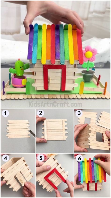 Mini House Popsicle Stick Craft Tutorial For Kids - Kids Art & Craft Things You Can Make Out Of Popsicle Sticks, Popsicle House Easy, Popsicle Stick Crafts House Easy, Craft Stick House, Popsicle Stick Building, Popsicle Stick Houses Easy, Popsicle Sticks House, Cardboard Town, Popsicle Stick House