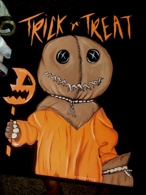 Horror Movie Paintings Easy, Canvas Painting Ideas Horror, Scary Movie Canvas Painting, Horror Painting Ideas, Horror Movie Characters Painting, Sam Trick R Treat Painting, Horror Paintings, Sam Halloween, Diy Pumpkins Painting