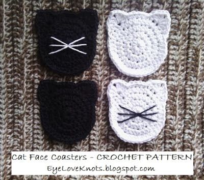 Cat Face Coasters - Free Crochet Pattern from EyeLoveKnots Crochet Cat Face, Kat Haken, Cat Applique, Confection Au Crochet, Cat Faces, Crocheted Hats, Crochet Cat Pattern, Cat Coasters, Crochet Coaster Pattern