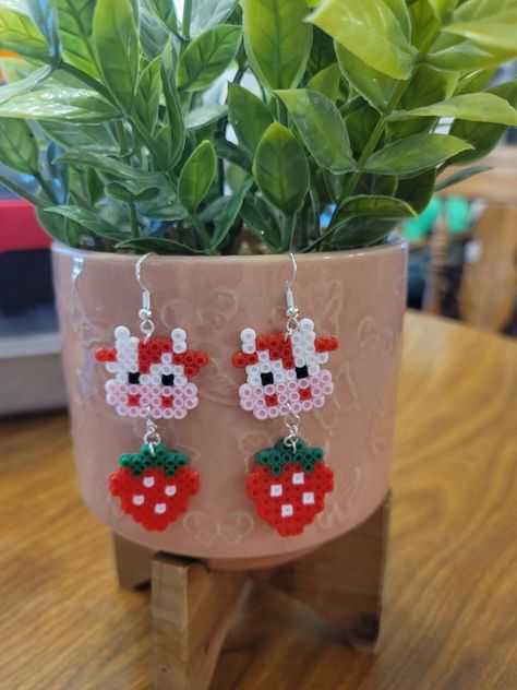 Strawberry Cow Perler Bead, Strawberry Perler, Perler Bead Earrings, Melt Beads, Melt Beads Patterns, Strawberry Cow, Easy Perler Beads Ideas, Diy Perler Bead Crafts, Beads Ideas