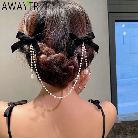 Awaytr Tassel Elegant Vintage Bow Pearl Chain Hairpins Sweet Hair Decorate Headband Hair Clips For Fashion Hair Accessories - Hair Clip - AliExpress Vintage Hairstyle, Black And White Ribbon, Long Hairstyle, Trendy Hairstyle, Ribbon Hairstyle, Hair Accessories Clips, Ribbon Hair Bows, Ribbon Hair, Headband Hair